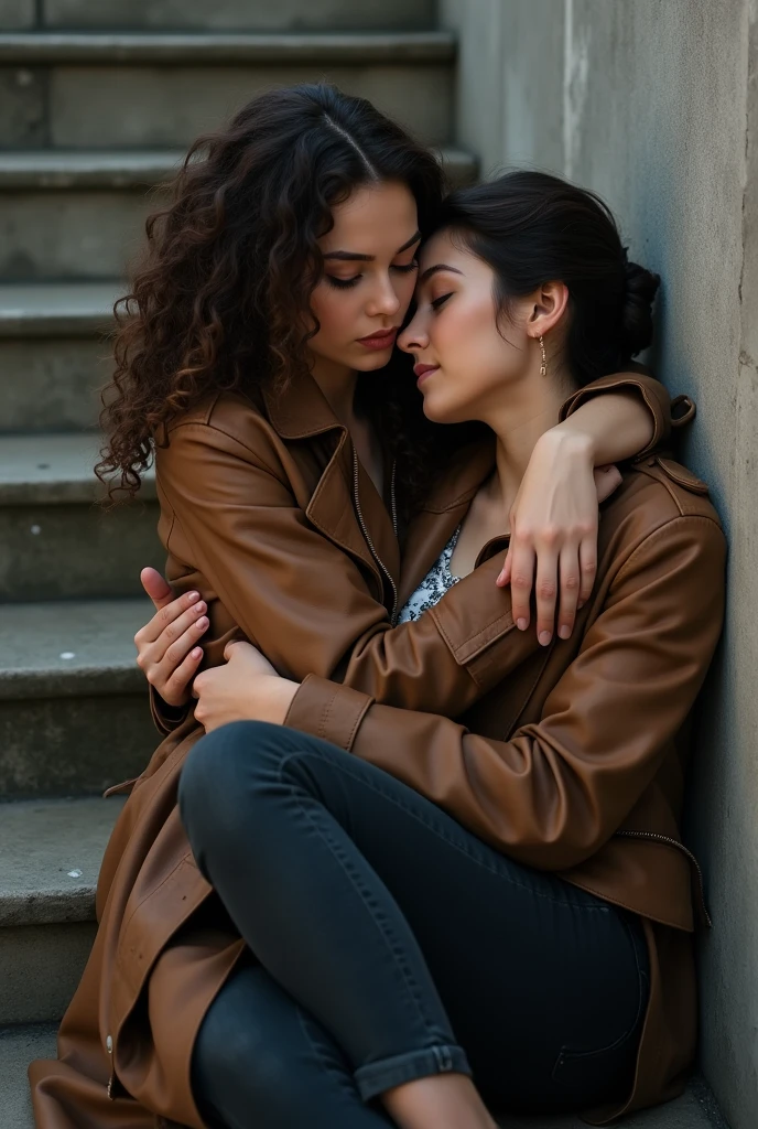 A brunette girl with curly hair in leather trench coat and pants with her head on the shoulders of her girlfriend that sits on her lap on stairs, taking a realistic photo while hugging and touching boobs