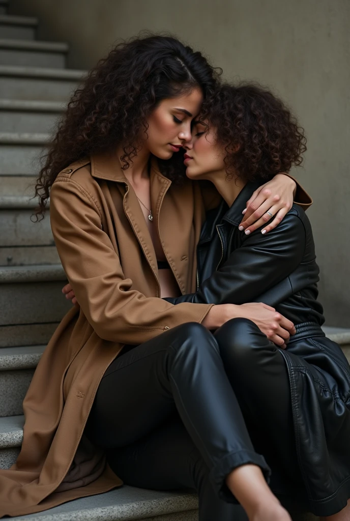 A brunette girl with curly hair in leather trench coat and pants with her head on the shoulders of her girlfriend that sits on her lap on stairs, taking a realistic photo while hugging and touching boobs