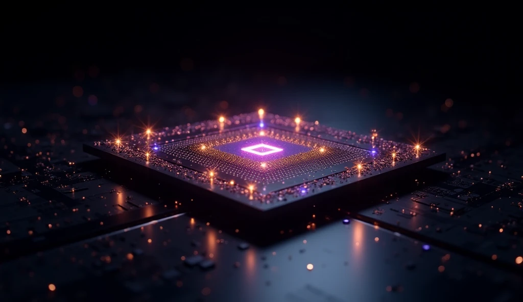 Create an image with a black background, that has bursts of light in calm golden colors, discreet blue and lilac, with emphasis on lilac. I want very little gold and blue. Make everything elegant, discreet and modern. I want everything to look like it&#39;s floating. I want the floor of a computer motherboard with the technology , dark plate