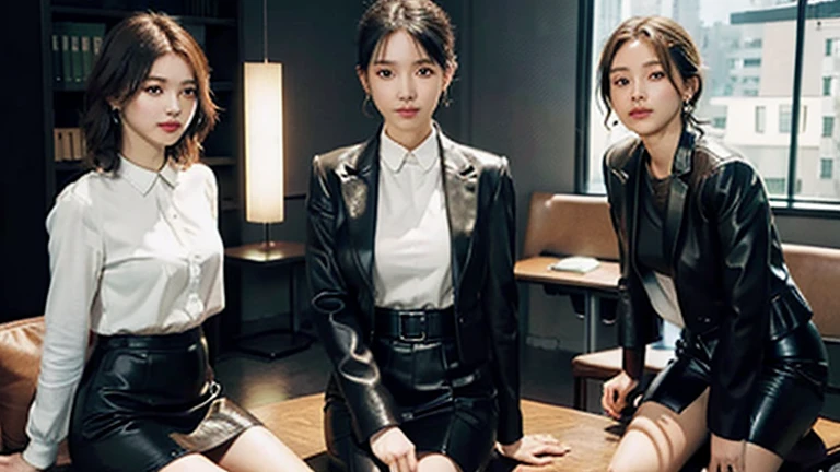 Absurd, RAW Photos, Very delicate and beautiful, masterpiece, Highest quality, Ultra-high resolution, 16K, Surreal, Very detailed, Very detailed CG 8k 壁紙, Beautiful lighting, Perfect Lightning, Realistic Shadows, Perfect Anatomy, Very detailed肌, Perfect figure, Japanese women, Late 20s, Very slim figure, Tight waist, very small head, Handsome detailed woman, Very detailed目と顔, Realistic Face Proportions, An eye for detail, Realistic beautiful face, Very small face, Realistic small beautiful eyes, double eyelid, Compensate, Tearful mole, Mole on chest, Earrings, barefoot, beautiful and very thin legs, Beautiful and very slim thighs, (Very big round breasts:1.3), short hair, Wavy Hair, Sweat, Full Body Shot, (Three Girls:1.5), (Office Lady Suits:1.3), (Skirt Suit), (Leather suit jacket), (blouse),