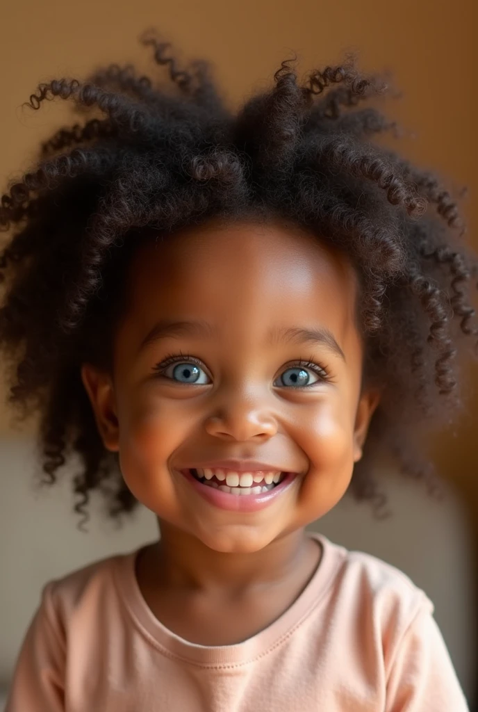 Mixed race toddler girl black curly hair with blue eyes smiling