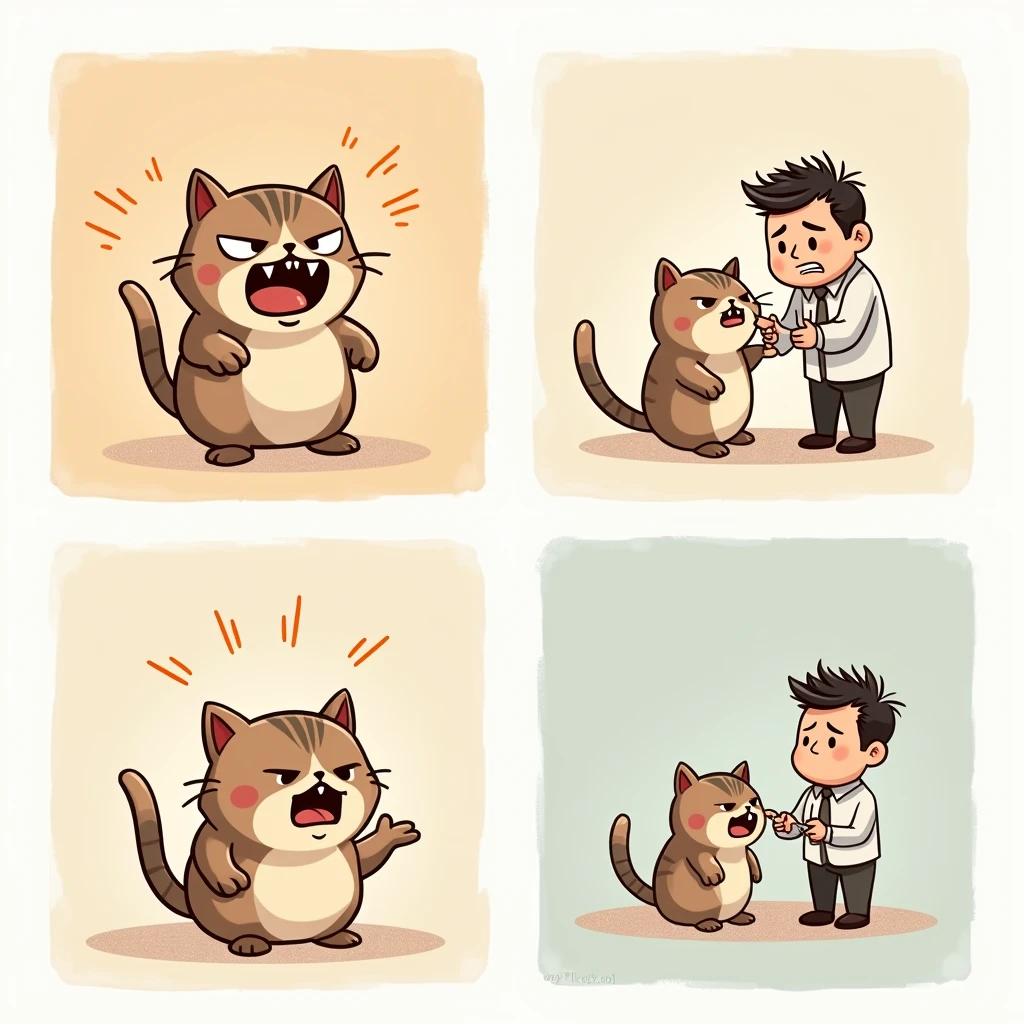 Chibi Style, Four-panel comic strip, dot halftone, Flat Color, Cat hates getting injections,A man is about to give a cat an injection,I'm standing my hair up,The fangs are sharp, Angry, Anger Mark,
