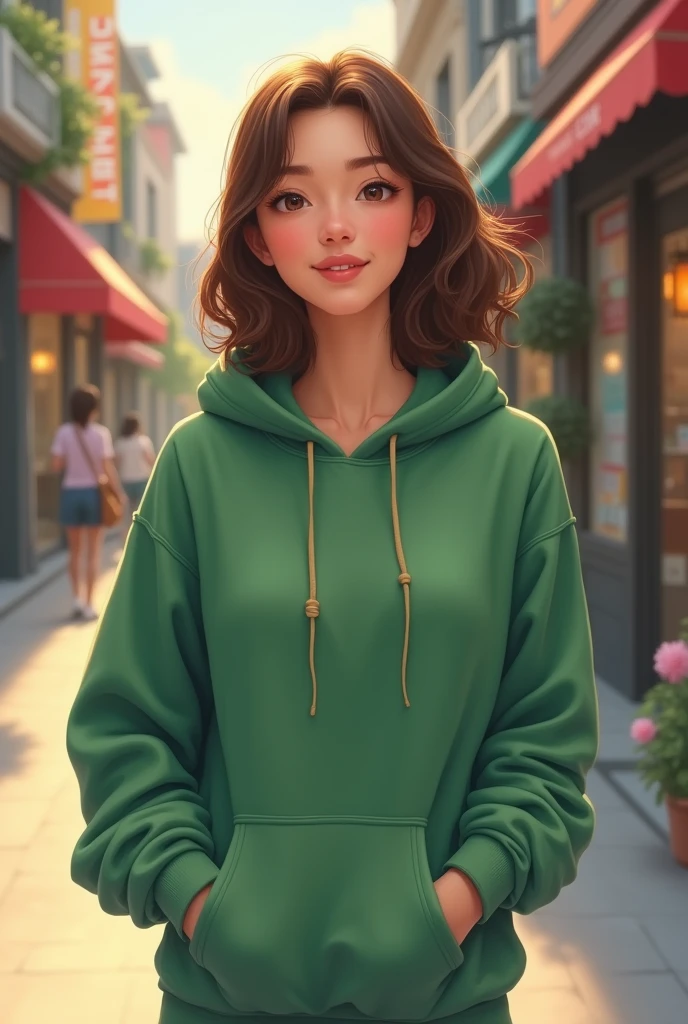 A woman wearing green cotton hoodie walking down the street, smiling at the camera. The hoodie has no pockets and the drawstring has  rround ropes