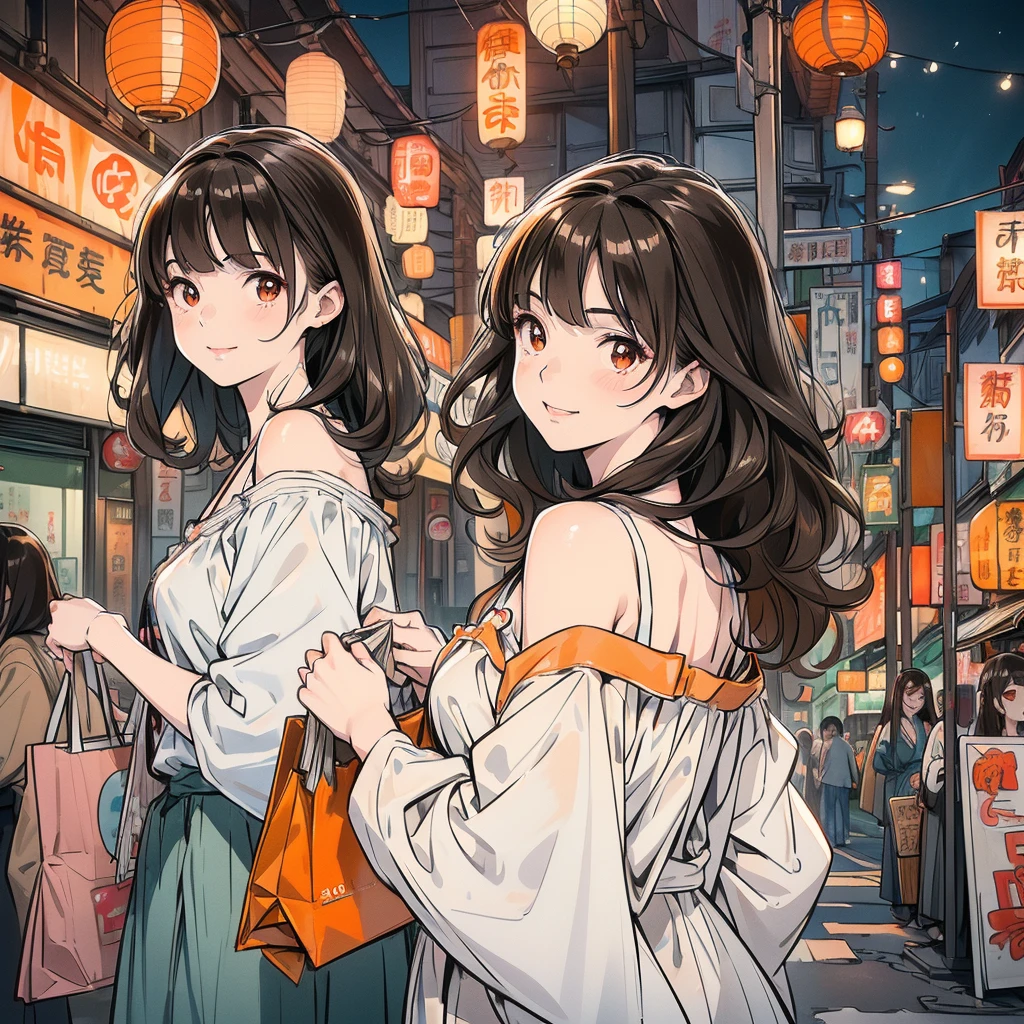 look back, Upper Body, Realistic, Real person, (青whiteい肌: 1.2), RAW Photos, Realistic, Portrait Photography, Glowing Skin, Japanese Idols、Shiny Hair、(One woman with medium hair and bangs) and (Wavy Hair) and (Brown Hair) and (Orange eyes) , (white) and (Off-the-shoulder blouse)、smile, Open your mouth, Shopping street at night、