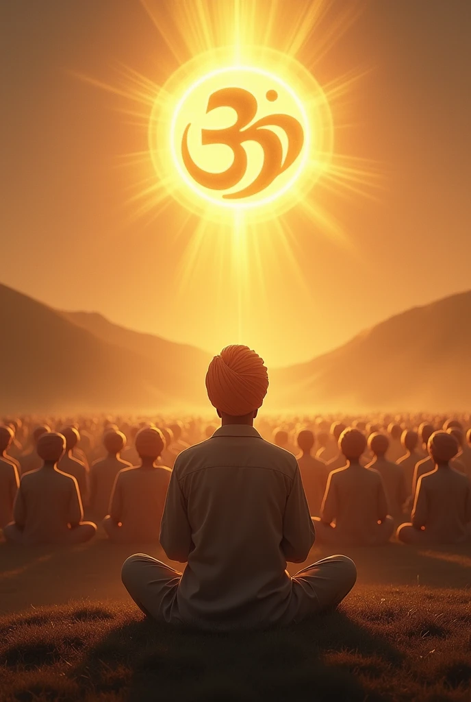 Ek onkar the sikh religious logo , photorealistic art , sikh crowd sitting folded hands on ground landscape, mystic atmosphere, sikh logo above the crowd in sky golden light comi g from holy book crowd with closed eyes and radiant light from back