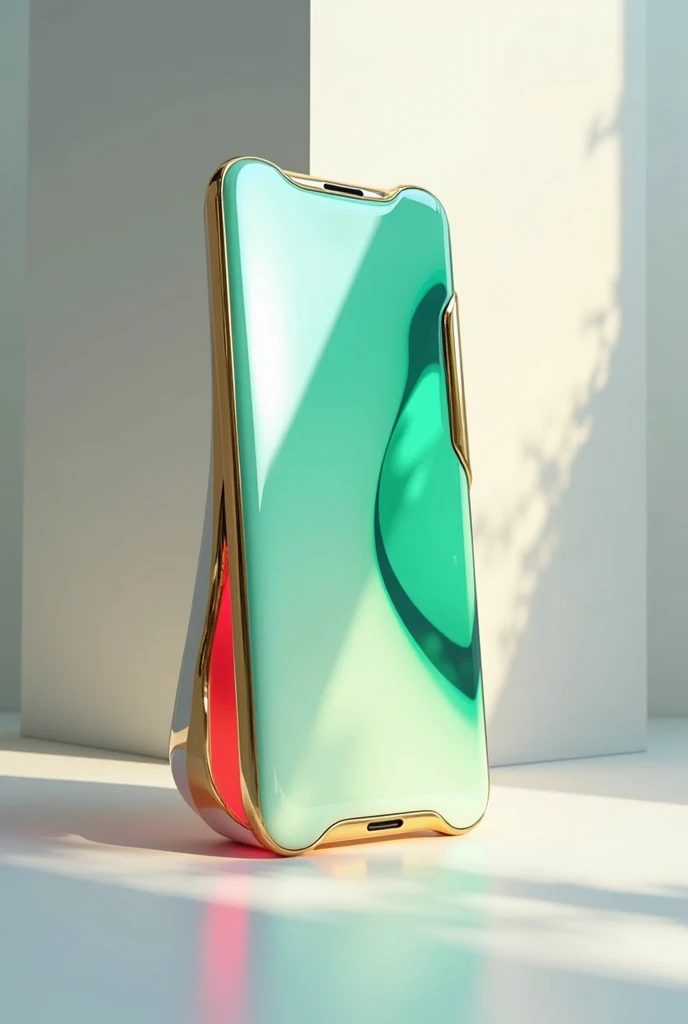 Create an image of a high-end cell phone with the colors green ,bright white and red , and golden edges