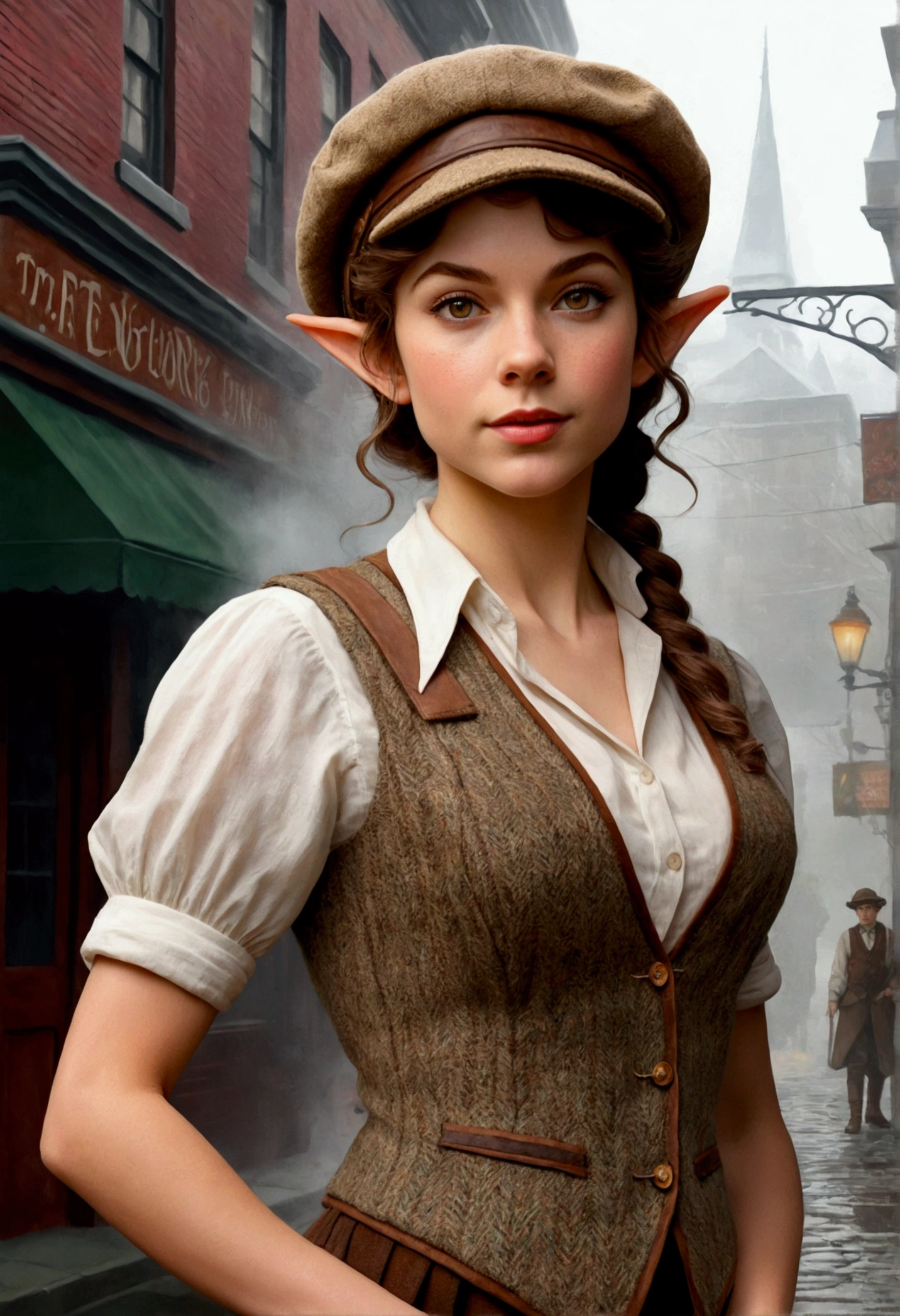 An illustrated movie poster, hand-drawn, full color, an elven maiden, wearing a tweed vest and a newsie cap, tall, toned, amazonian stature, athletic hourglass figure, busty bosom, long pointy elf ears, amber eyes, dark hair, curly bob cut, warm almond skintone, freckles, resembles Taylorr Swift, standing on a foggy Victorian-era street corner, graphite shading, stencil marks, airbrushed acrylic paint, masterpiece, elf ears