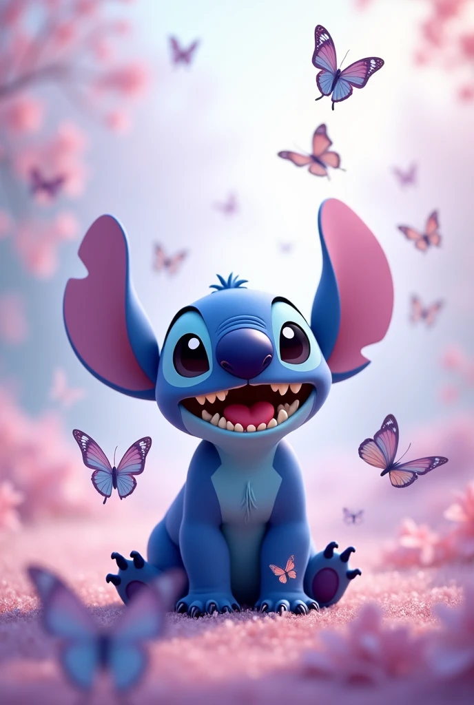 Stitch with butterflies on a pastel colored background