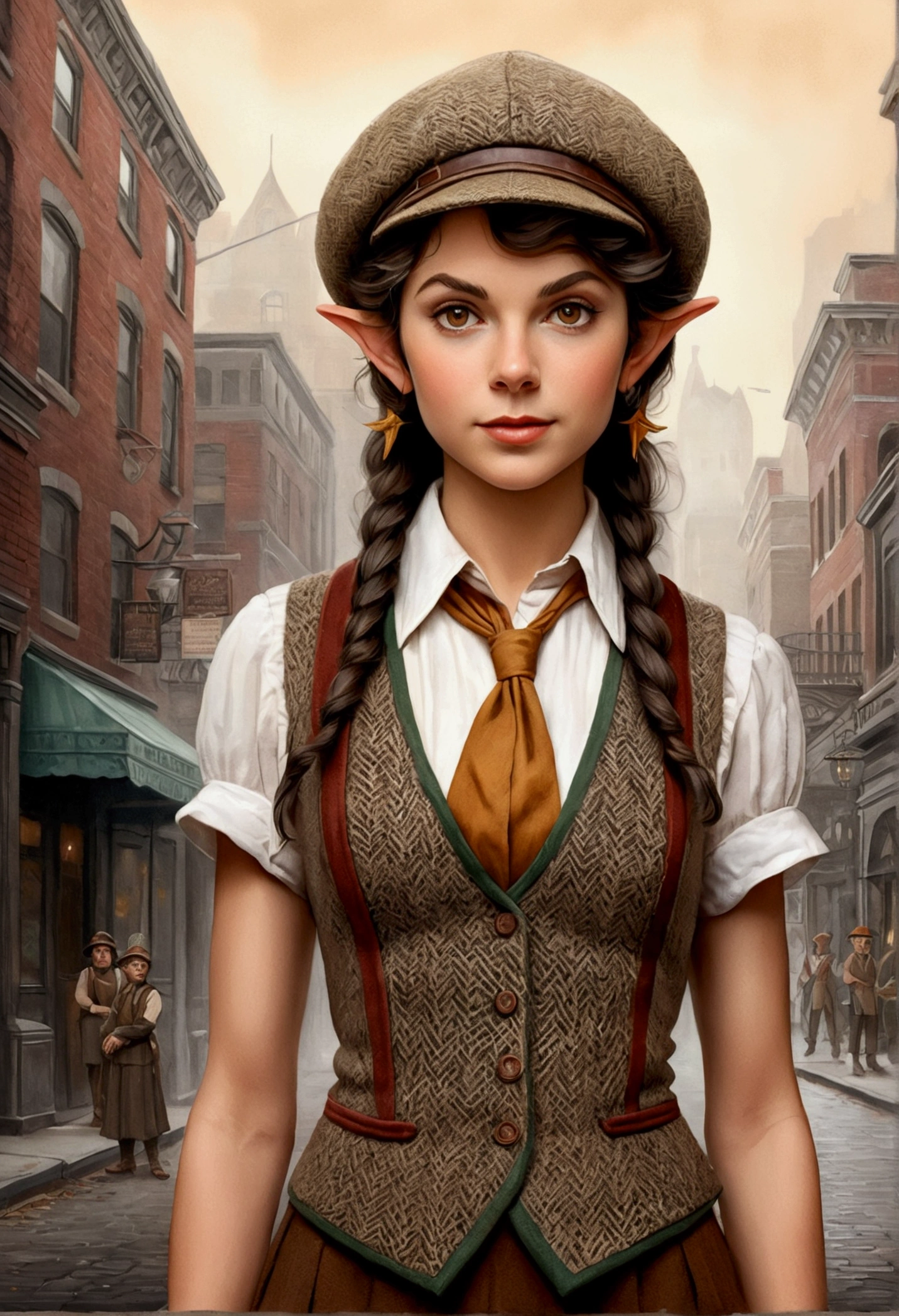 An illustrated movie poster, hand-drawn, full color, an elven maiden, wearing a tweed vest and a newsie cap, tall, toned, amazonian stature, athletic hourglass figure, busty bosom, long pointy elf ears, amber eyes, dark hair, curly bob cut, warm almond skintone, freckles, resembles Taylorr Swift, standing on a foggy Victorian-era street corner, graphite shading, stencil marks, airbrushed acrylic paint, masterpiece, elf ears