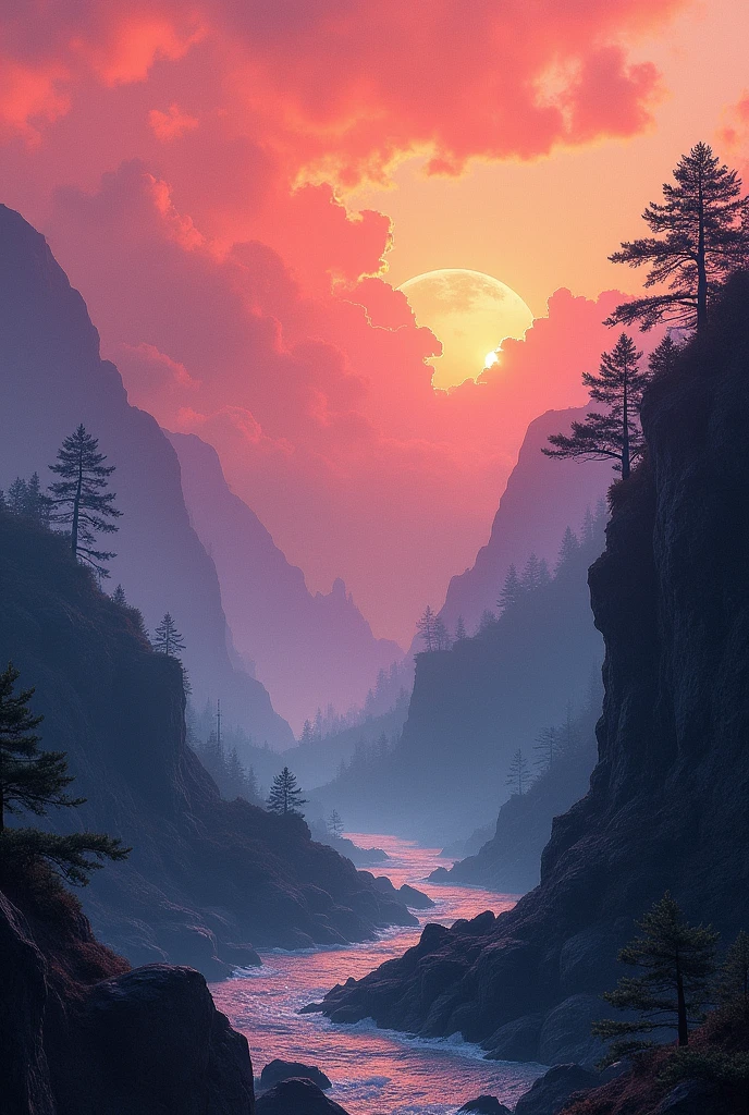 An realism landscape art having colors orange , purple , blue , pink , black , red , grey , movie poster