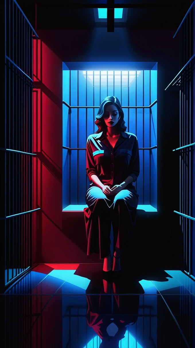A woman, shadowed, sitting in a prison-like room, the walls closing in, dark theme manipulation, dark red, black, dark blue, neon colors, dark lighting.
