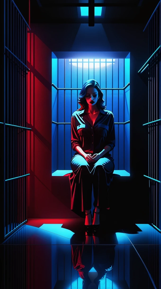 A woman, shadowed, sitting in a prison-like room, the walls closing in, dark theme manipulation, dark red, black, dark blue, neon colors, dark lighting.