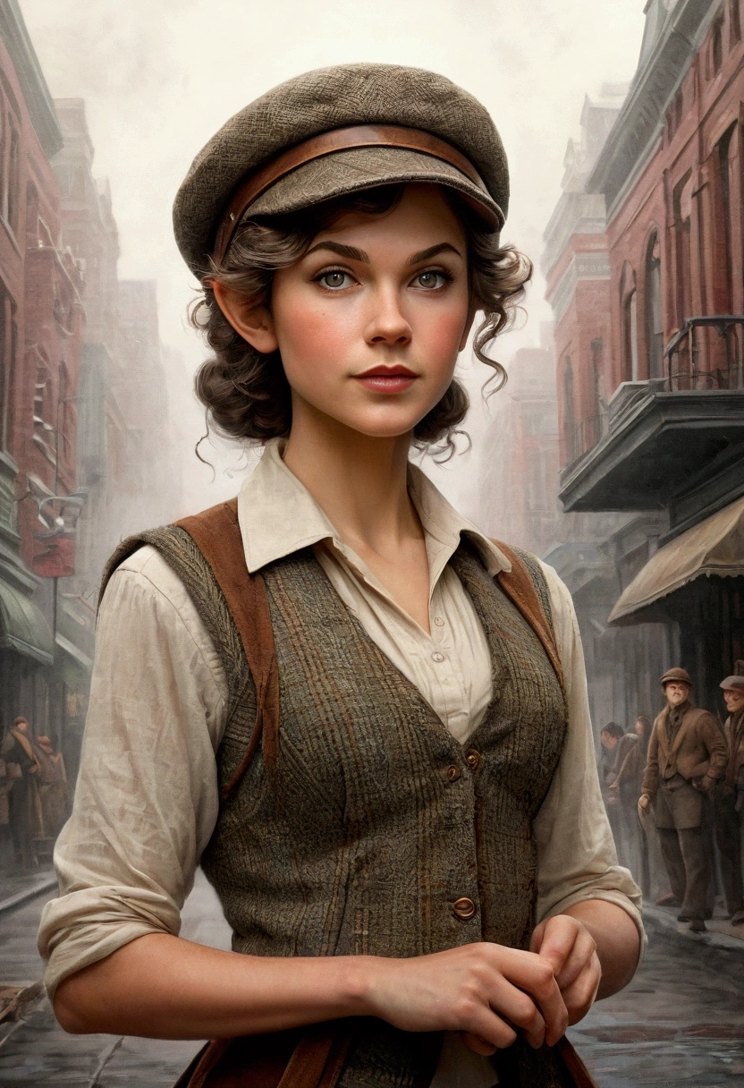 An illustrated movie poster, hand-drawn, full color, an elven maiden, wearing a tweed vest and a newsie cap, tall, toned, amazonian stature, athletic hourglass figure, busty bosom, long pointy elf ears, amber eyes, dark hair, curly bob cut, warm almond skintone, freckles, resembles Taylorr Swift, standing on a foggy Victorian-era street corner, graphite shading, stencil marks, airbrushed acrylic paint, masterpiece, elf ears