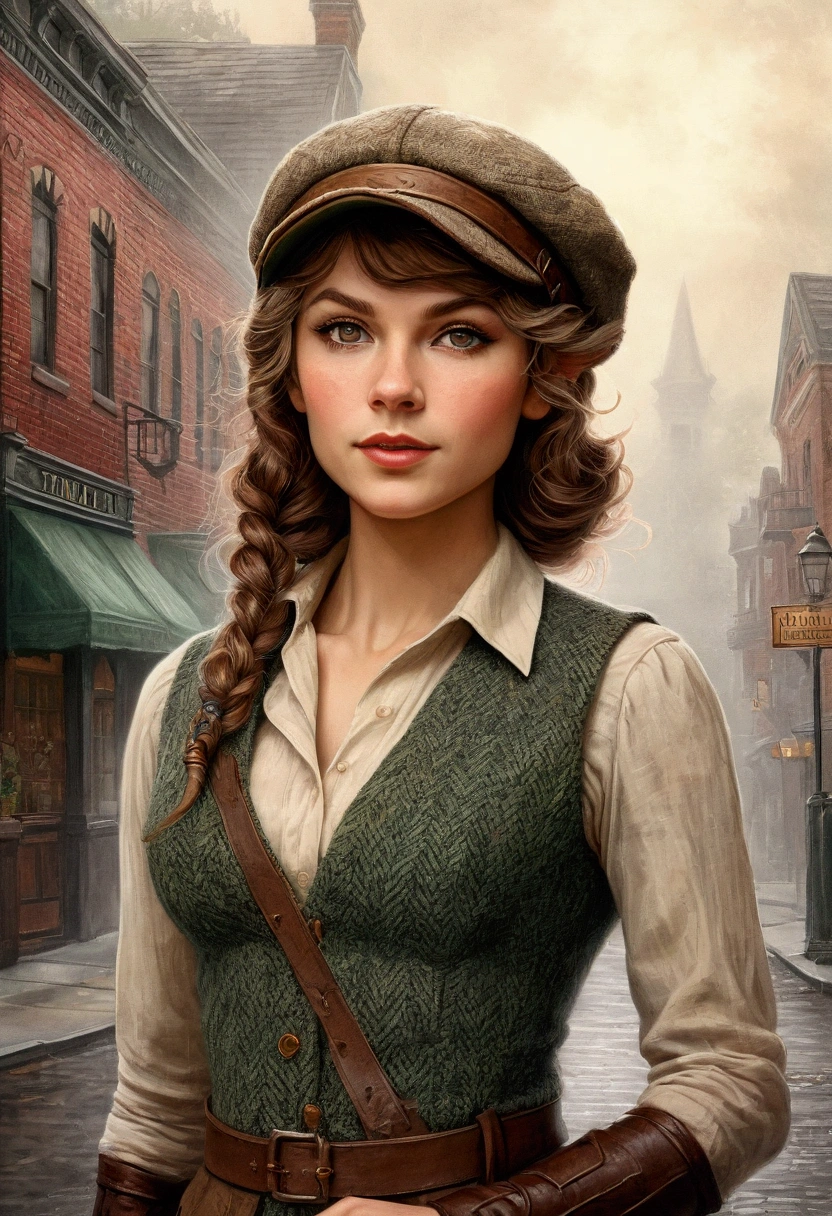 An illustrated movie poster, hand-drawn, full color, an elven maiden, wearing a tweed vest and a newsie cap, tall, toned, amazonian stature, athletic hourglass figure, busty bosom, long pointy elf ears, amber eyes, dark hair, curly bob cut, warm almond skintone, freckles, resembles Taylorr Swift, standing on a foggy Victorian-era street corner, graphite shading, stencil marks, airbrushed acrylic paint, masterpiece, elf ears