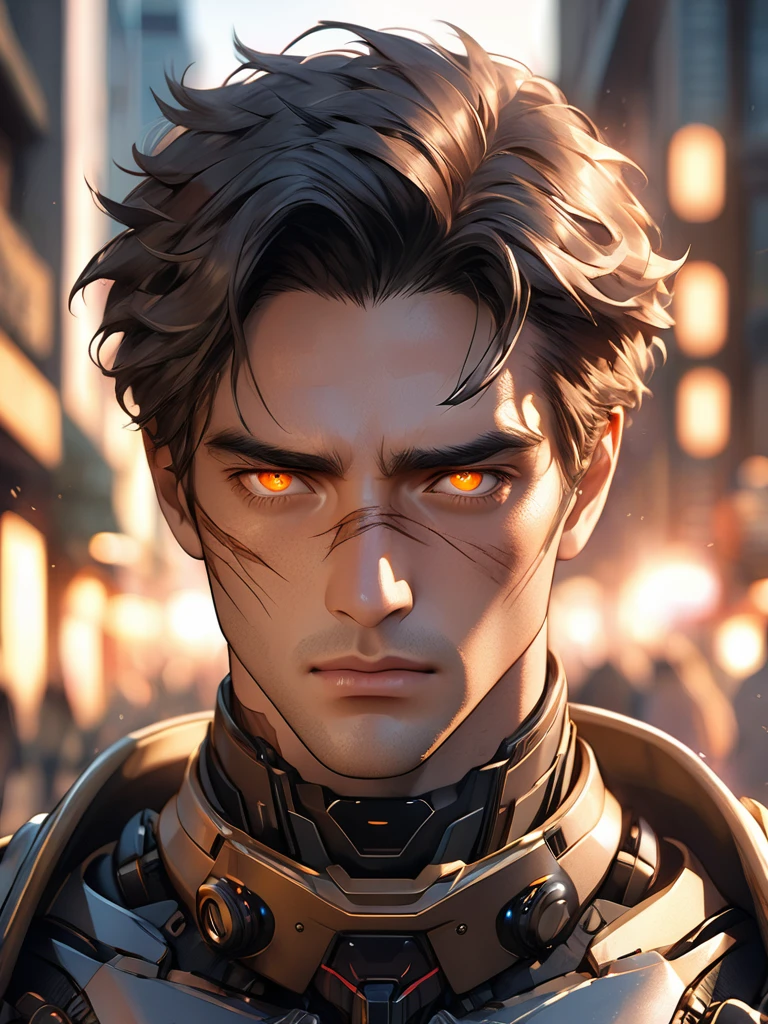 "A hyper-realistic portrait of an anime hero, shot with an Arri Alexa LF using a Zeiss Master Prime 50mm lens, during golden hour. The hero's intense gaze and powerful aura are captured with a shallow depth of field (f/1.4), highlighting intricate facial details like battle scars and glowing eyes, with a cinematic bokeh background, inspired by Roger Deakins’ use of natural light."