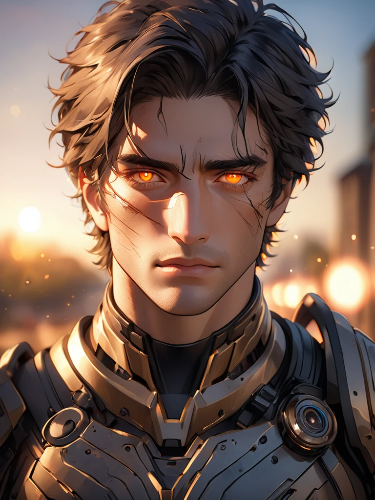 "A hyper-realistic portrait of an anime hero, shot with an Arri Alexa LF using a Zeiss Master Prime 50mm lens, during golden hour. The hero's intense gaze and powerful aura are captured with a shallow depth of field (f/1.4), highlighting intricate facial details like battle scars and glowing eyes, with a cinematic bokeh background, inspired by Roger Deakins’ use of natural light."