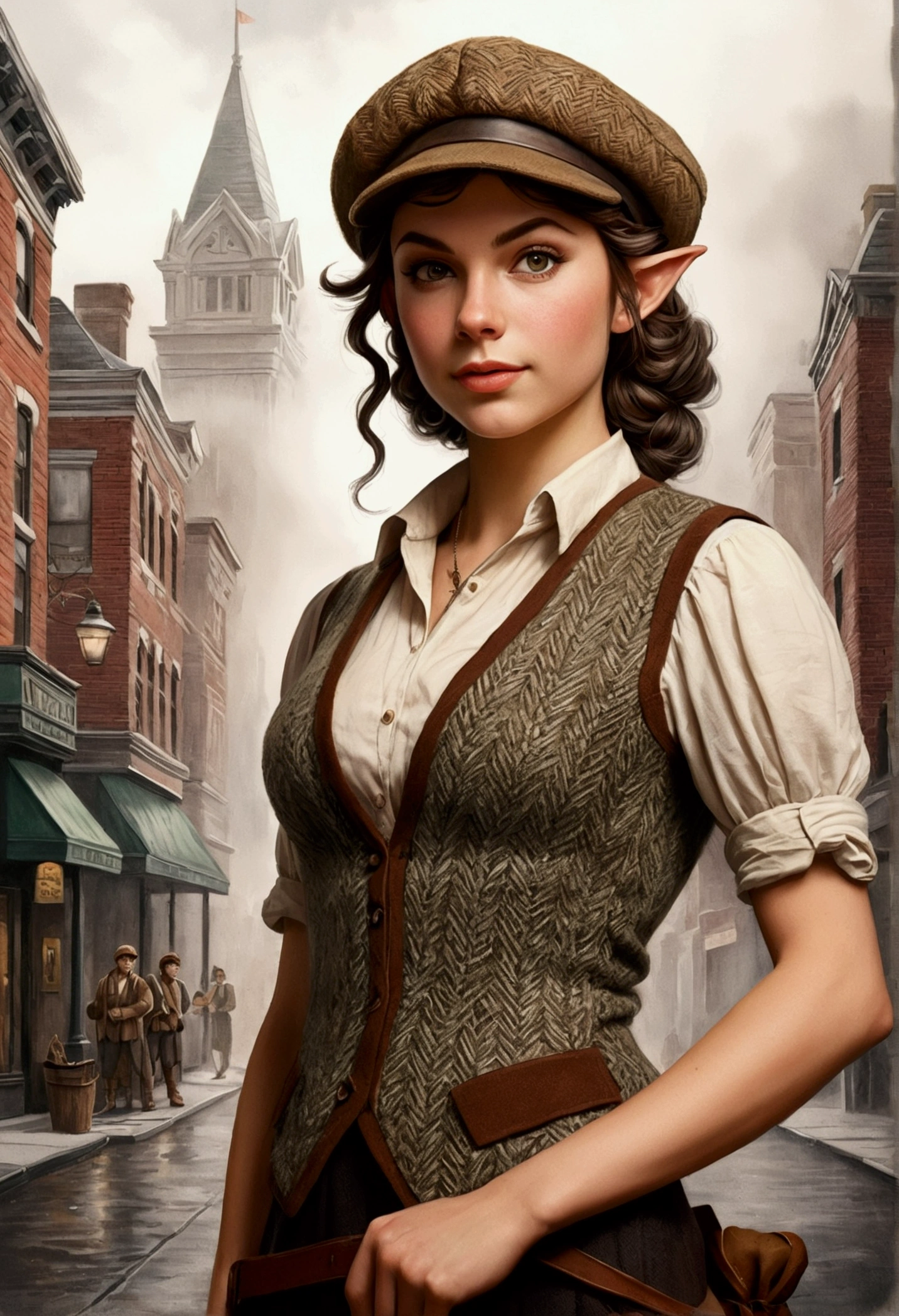 An illustrated movie poster, hand-drawn, full color, an elven maiden, wearing a tweed vest and a newsie cap, tall, toned, amazonian stature, athletic hourglass figure, busty bosom, long pointy elf ears, amber eyes, dark hair, curly bob cut, warm almond skintone, freckles, resembles Taylorr Swift, standing on a foggy Victorian-era street corner, graphite shading, stencil marks, airbrushed acrylic paint, masterpiece, elf ears