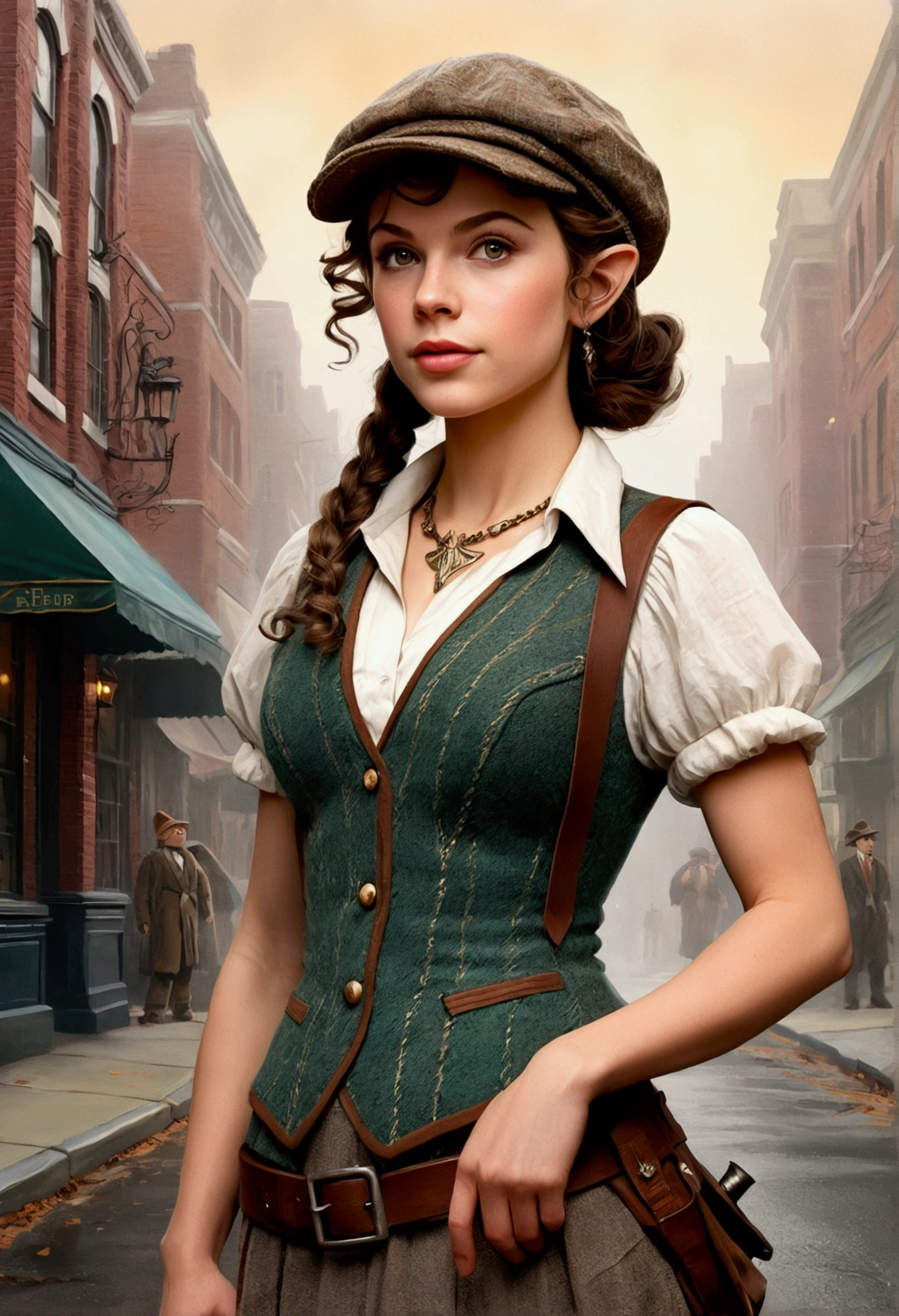 An illustrated movie poster, hand-drawn, full color, an elven maiden, wearing a tweed vest and a newsie cap, tall, toned, amazonian stature, athletic hourglass figure, busty bosom, long pointy elf ears, amber eyes, dark hair, curly bob cut, warm almond skintone, freckles, resembles Taylorr Swift, standing on a foggy Victorian-era street corner, graphite shading, stencil marks, airbrushed acrylic paint, masterpiece, elf ears