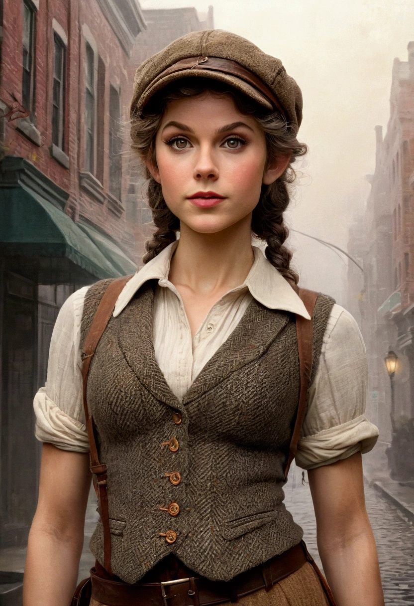 An illustrated movie poster, hand-drawn, full color, an elven maiden, wearing a tweed vest and a newsie cap, tall, toned, amazonian stature, athletic hourglass figure, bosomg pointy elf ears, amber eyes, dark hair, curly bob cut, warm almond skintone, freckles, resembles Taylorr Swift, standing on a foggy Victorian-era street corner, graphite shading, stencil marks, airbrushed acrylic paint, masterpiece, elf ears