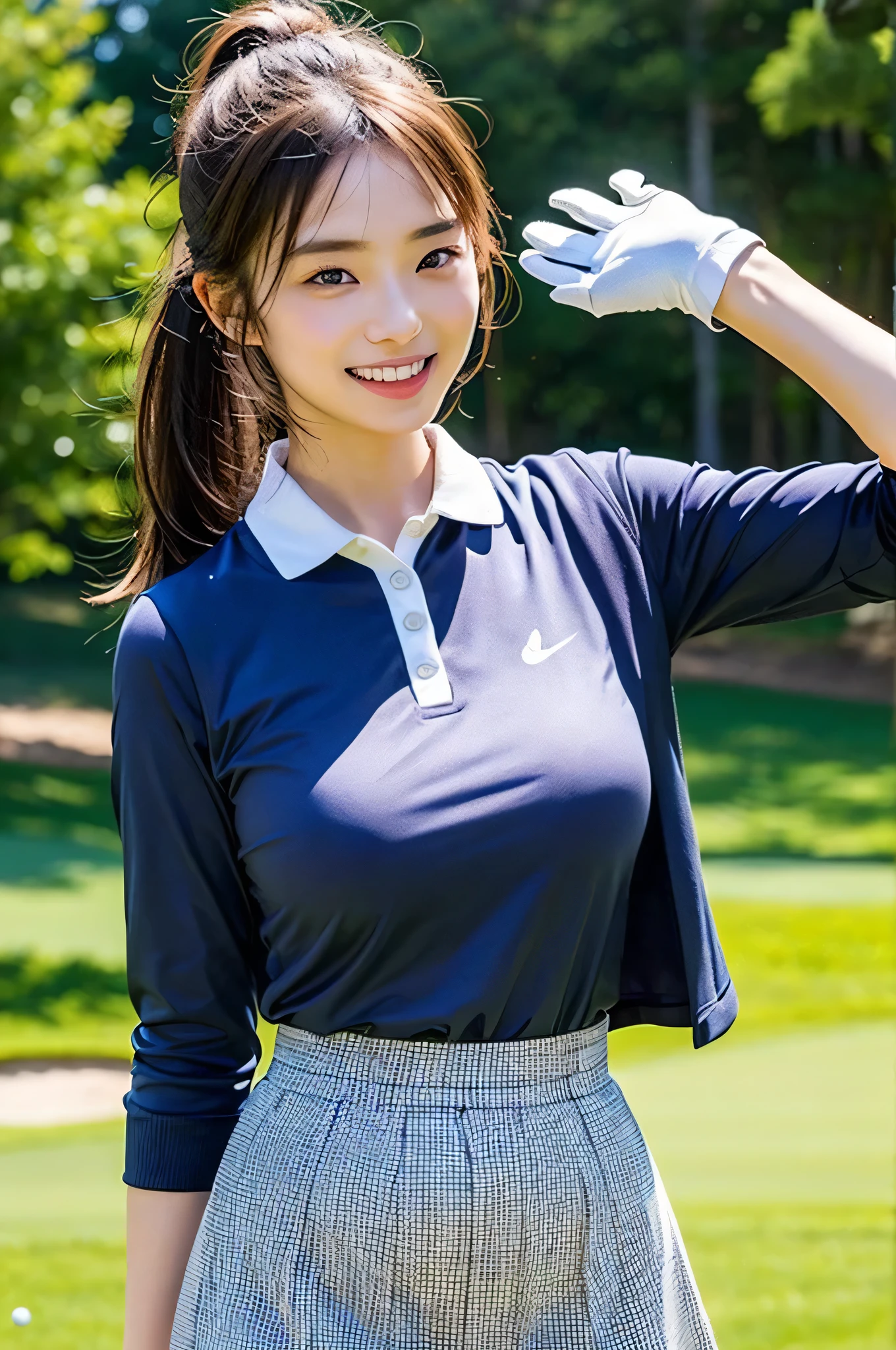 Highly detailed CG Unity 8K wallpapers, With the highest quality, Very detailed, masterpiece, Realistic, Realistic photos, Very detailedかわいい女の子, alone、thin, (タイトなGolf Wear) , (Golf Mini Flare Skirt) , (Wearing golf gloves)、smile , thin body, ((Large Breasts))、Viewers watch, Full Body Shot , Golf course , Sun visor, ponytail,Japanese women、light makeup、