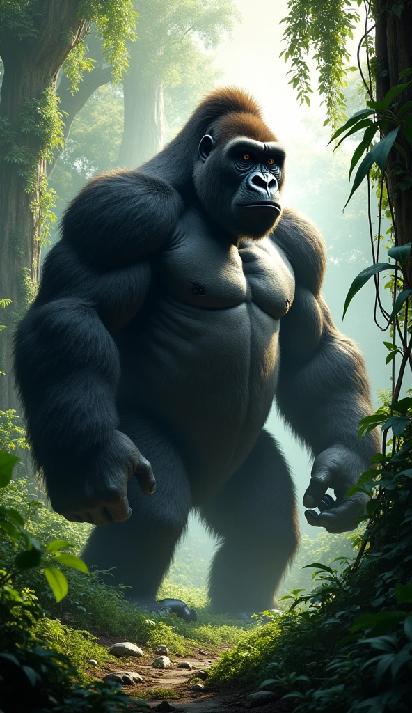 Realistic A massive gorilla standing stout in a jungle and looks powerful