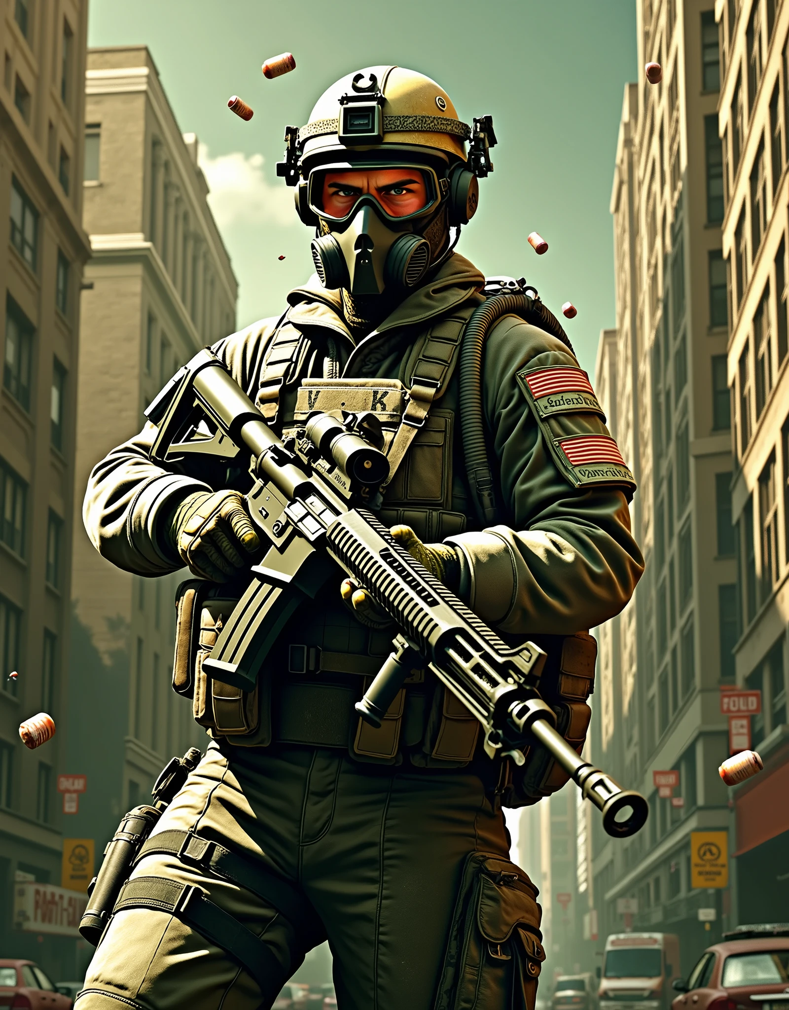 Make an image of a US Special Ops soldier with a gas mask and helmet in an empty street in New York, using an assault rifle with an over/under grenade launcher and shells falling from the gun. cowboy shot, fix hands