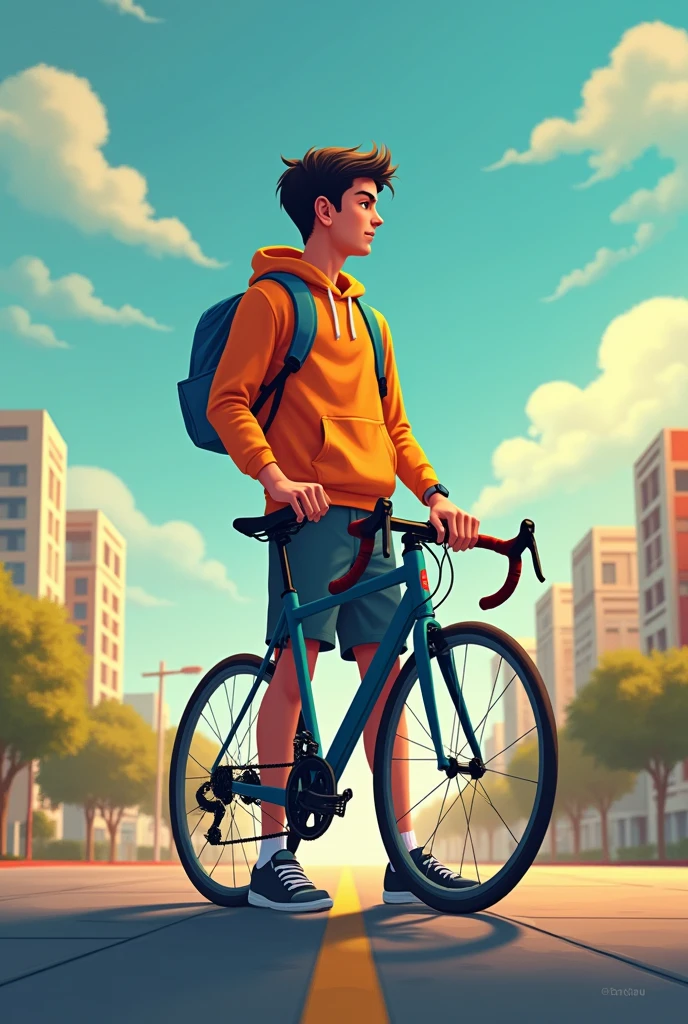  A boy Self visualization after 5 years my dreams. Ambition with bike job symbol no emi
