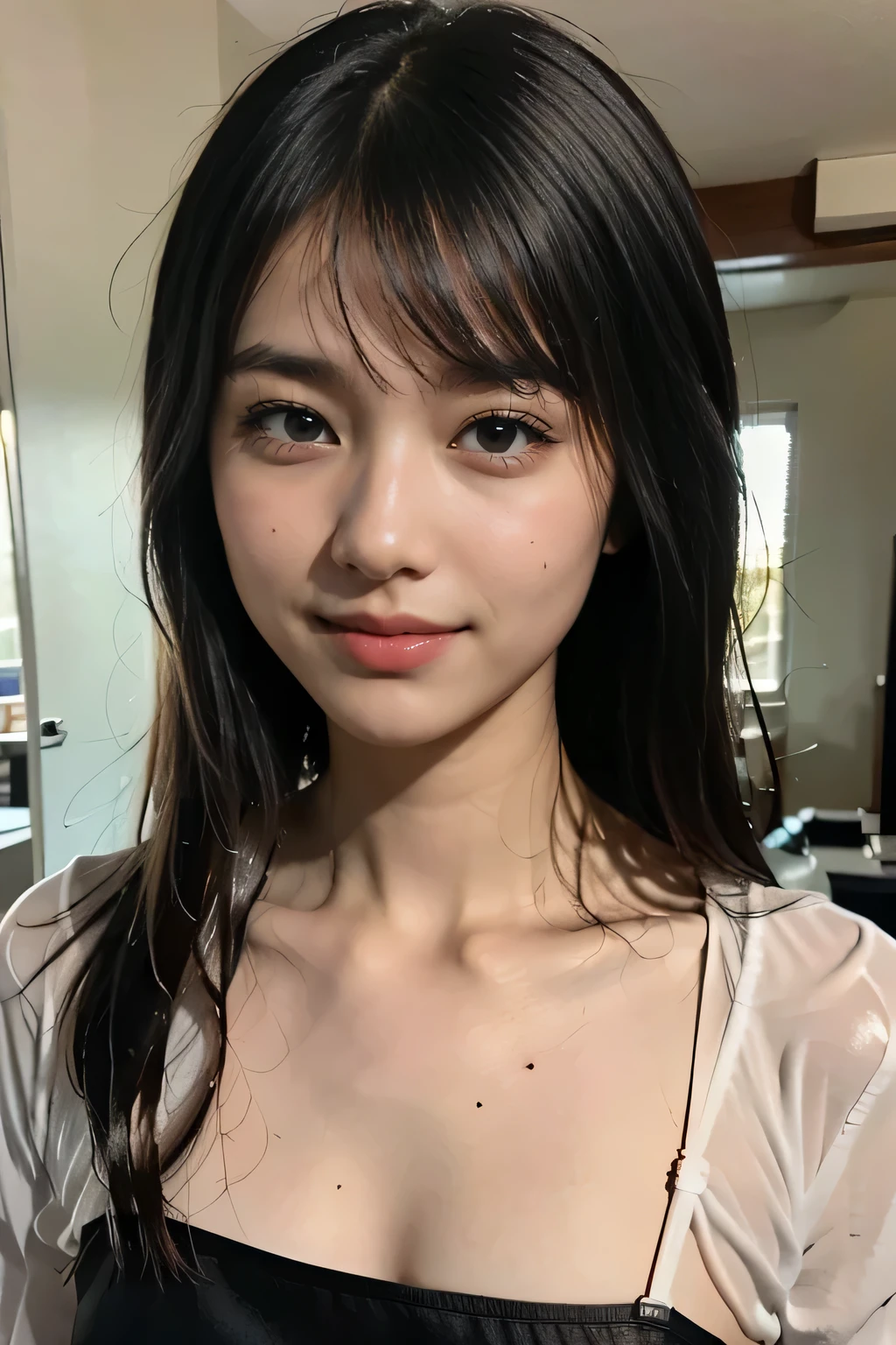 ８ｋ、High resolution、Maid Fashion、beautiful girl、、young、White skin,、Narrow eyes,High nose,Face lighting、Clear images、Intellectual beauty、skinny、No makeup、Anxious expression、Face lighting,Shiny Hair、single eyelid,blue eyes,,{{bangs:1.6}},,{{Straight Hai:1.6}}