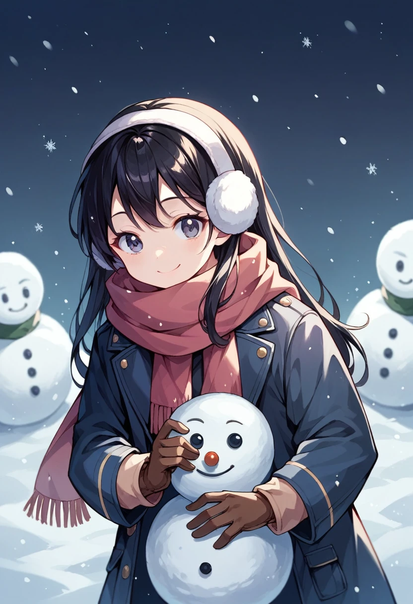 Junior high school student, shiny black hair, long hair, thick coat, scarf, earmuffs, gloves, snowfall, snow scene, snowman, smile, fun