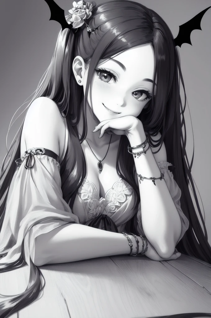 masterpiece, best quality, 1girl, solo, long_hair, looking_at_viewer, smile, dress, jewelry, very_long_hair, bat bracelet, two_side_up, hand_on_own_face, head_rest, hand_on_own_cheek, lineart, monochrome, Bat Hair Ornament,