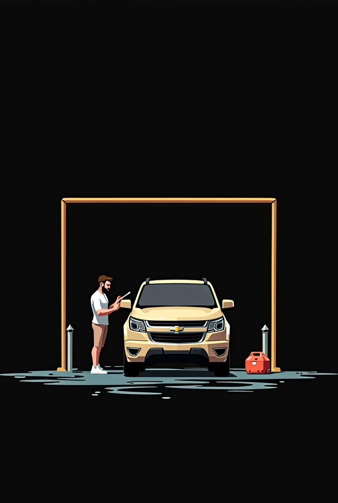 Draw a square in 2D. The background color is black and inside there is a bearded person soaping a 2010 Chevrolet Colorado. Minimalist style. That says on the top “left-handed car wash”