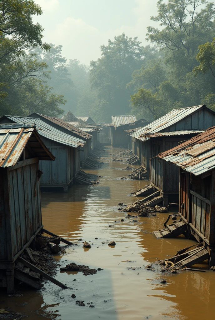 Bangladeshi tin house have been destroyed by flood water