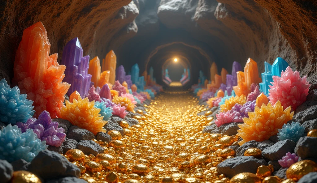 There are large pieces of gold and various crystal minerals under the ground.(best quality,4K,8k,High level,masterpiece:1.2),Ultra Detailed,(lifelike,Photo real,Photo real:1.37)