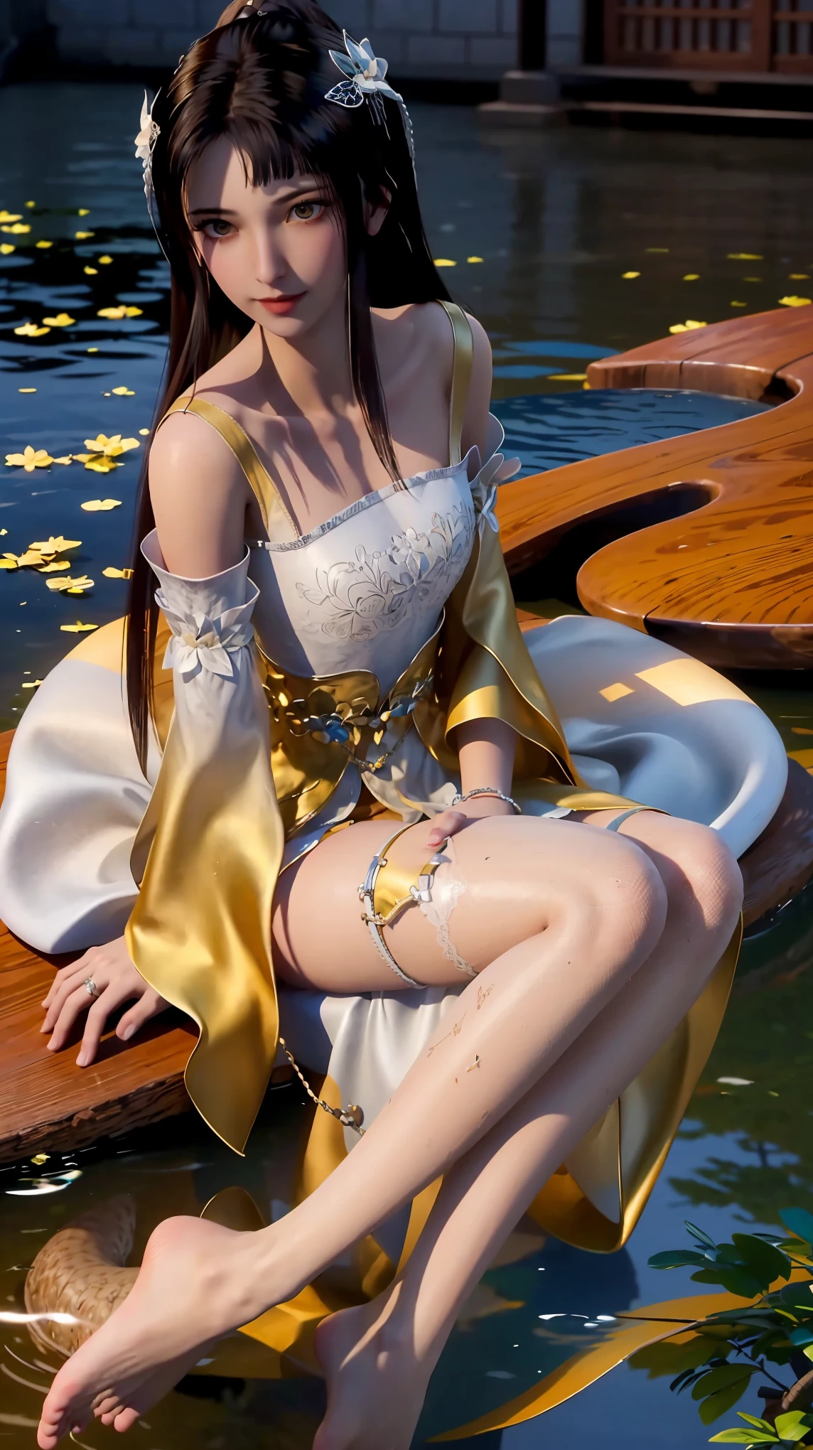 一个穿着连衣裙的女孩躺在Starry Sky下的床上,Exquisite smile,Beautiful and delicate eyes,Beautiful and delicate lips,Extremely detailed face and eyes,Long eyelashes,Full body,Flowing hair,belly button,best quality,excellent work,Super,(Reality:1.4),RAW photos,(Beautiful face:1.2),(Lying on the water:1.5),1 girl,(absurd),(8k), (4K),Octane Rendering,Starry Sky,((Full body view)),barefoot,Cross-legged