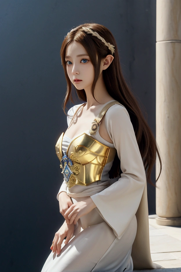 A full body picture of Princess Zelda, Brown hair, blue eyes, Dress up《Assassin's Creed》The Assassin, White+gold,配White面具和gold细节的头巾, XL Bust, Use wrist blade. background: Renaissance City. Unreal Engine 5, Japanese cartoons, Japanese cartoons style, masterpiece, Well drawn eyes, Very well drawn face, Delicate eyes, The face is rich in detail, 8K, Light and shadow effects.