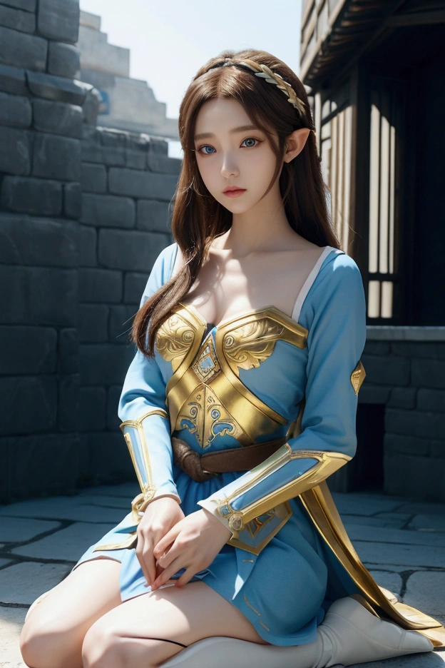 A full body picture of Princess Zelda, Brown hair, blue eyes, Dress up《Assassin&#39;s Creed》The Assassin, White+gold，配White面具和gold细节的头巾, XL Bust, Use wrist blade. background: Renaissance City. Unreal Engine 5, Japanese cartoons, Japanese cartoons style, masterpiece, Well drawn eyes, Very well drawn face, Delicate eyes, The face is rich in detail, 8K, Light and shadow effects.  