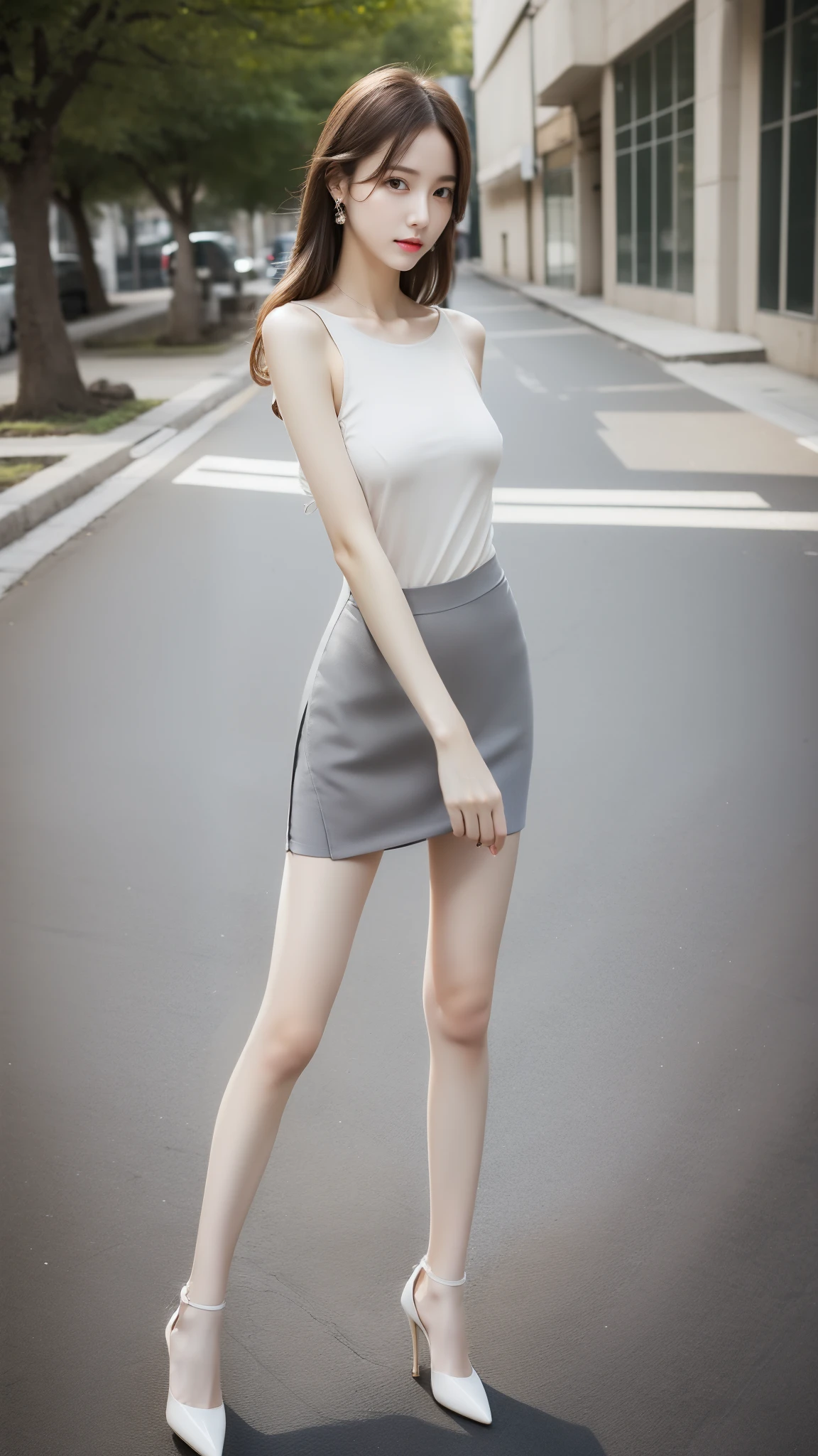 Ultra-clear resolution，sexy young girl，Shoulder-length hair，Light hair color，Earrings，Clear eyes，No makeup，Lip Gloss，Perfect face，Fair skin，Perfect breasts，Long and slender legs，Very long legs，Loose fit deep V top，Pantyhose，Gray office miniskirt，High heel，Empty outdoors