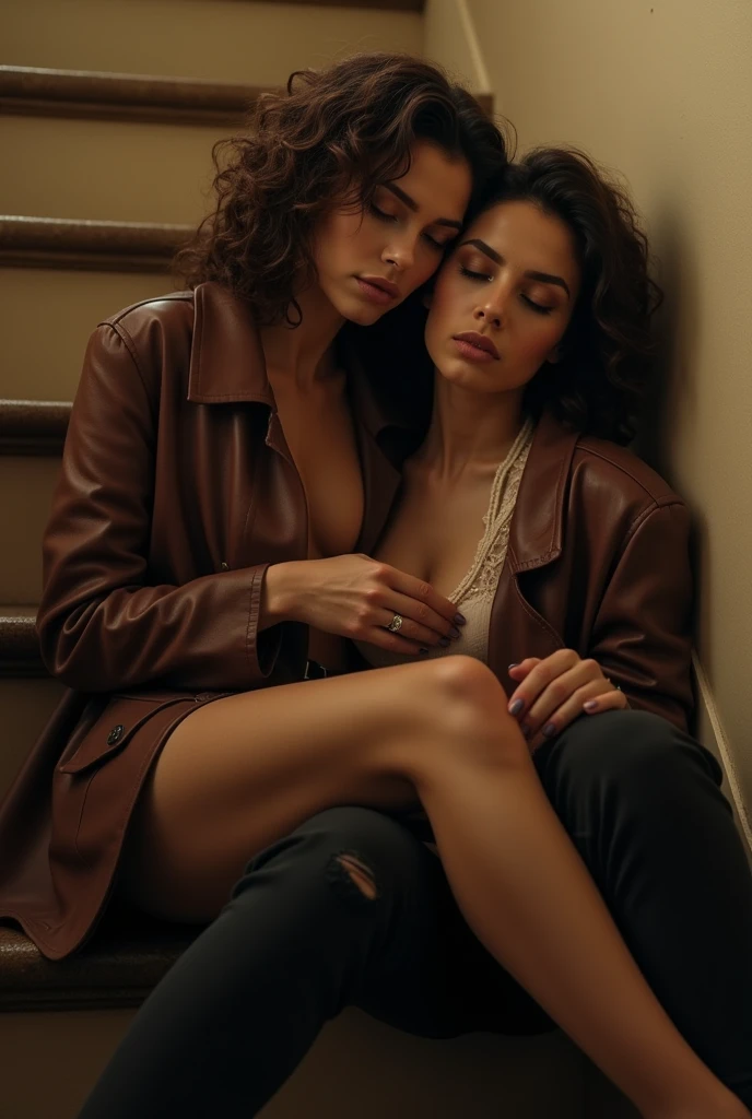 A brunette girl with curly hair in leather trench coat and pants with her head on the shoulders of her shy girlfriend that sits on her thigh on stairs, taking a realistic photo while hugging and touching boobs