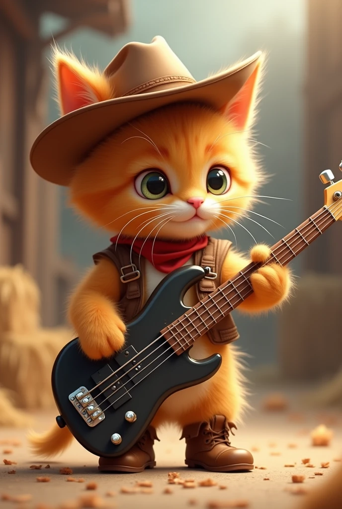 Orange kitten dressed as a cowboy playing the bass sixth