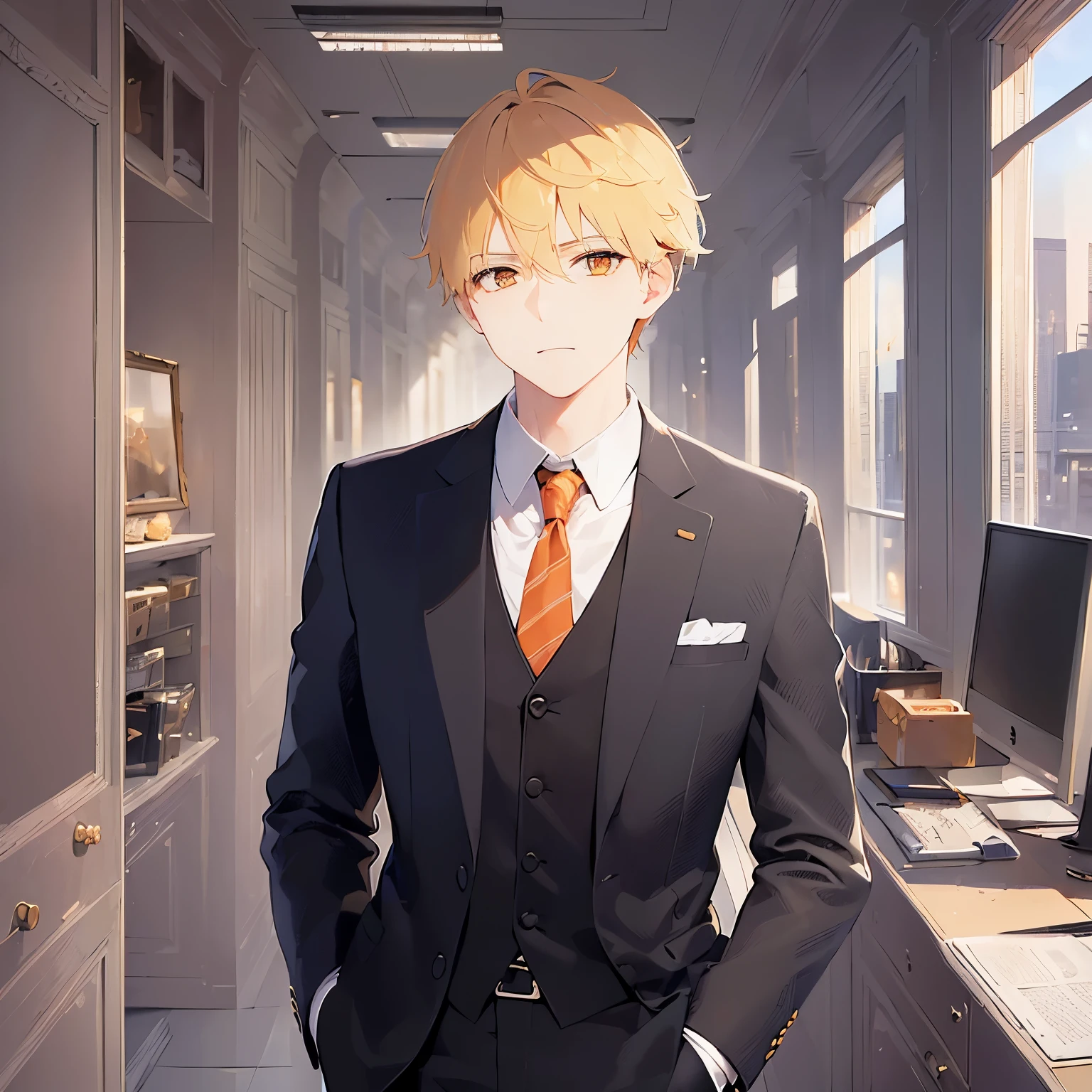 (looking away:1.5),shiny skin,masterpiece,Highest quality,BREAK ld male:1.5) and (Blonde short hair) and (Orange eyes), (Wearing a suit:1.3) and (tie) BREAK, Are standing,Suspicious,The background is the office,(alone:1.5)