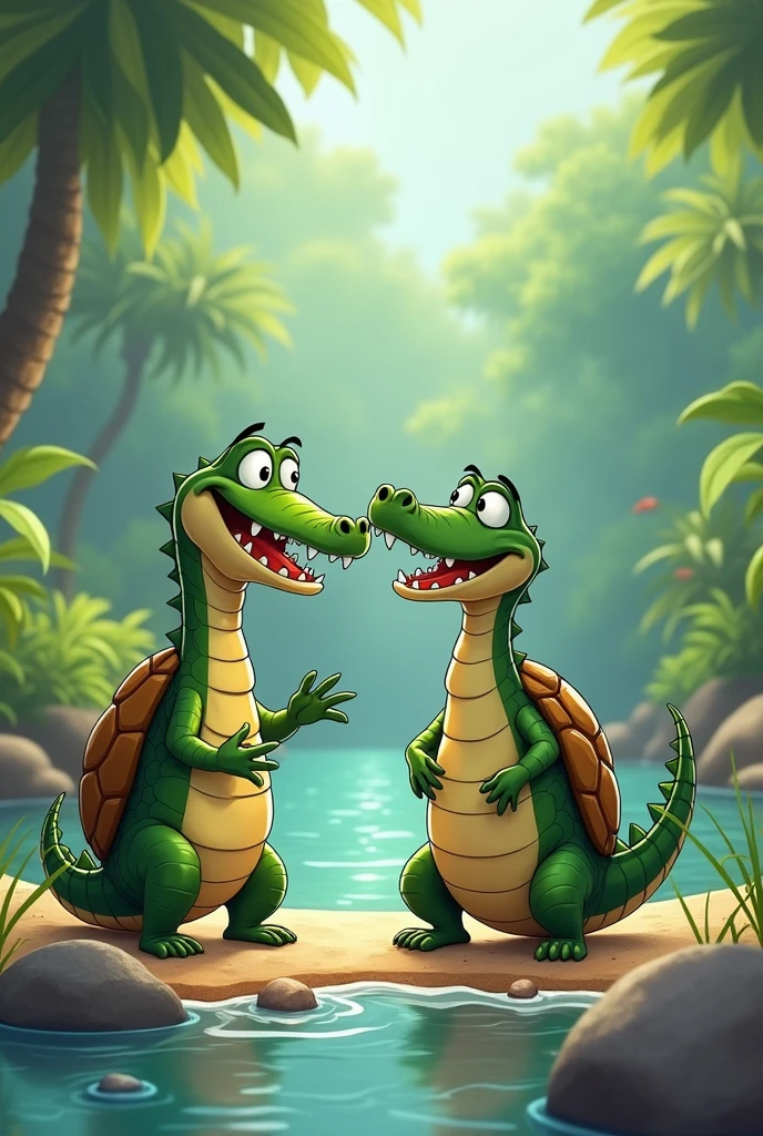 A crocodile laughs and talks to a turtle  2d cartoon
