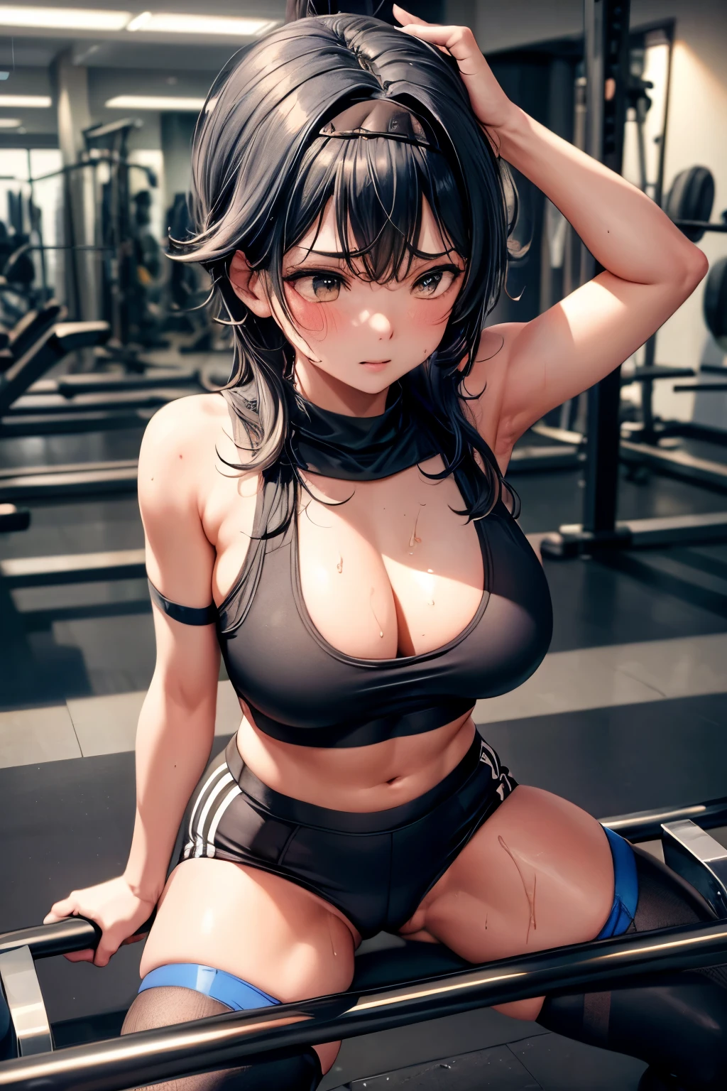 sports, black sports bra, using gym equipment, sweaty, horny, wet pussy