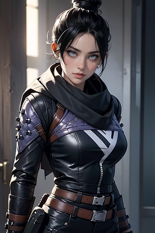 Foto de corpo inteiro, (Highly detailed CG Unity 8k wallpaper),(masterpiece), (highest quality), (super detailed), (Best Illustration),(best shadow), Wraith apex legends, pretty face focus, Masterpiece artwork, best qualityer, kissshotms, 1 girl, natta, Efeito de Luz, Masterpiece artwork, best qualityer, 1 girl, mature woman, breasts big, 8k, UHF, (abdomen, )muscular woman, Waist slender, detailedeyes, FGO1, 1stClothing, 1 girl, solo, hair bun simples, hair bun, scarf, sultry posing, Bblack hair, black scarf, blue colored eyes, bangss, bangss distributed, Hair behind the ear, mitts, piercing no nariz, mitts pretas