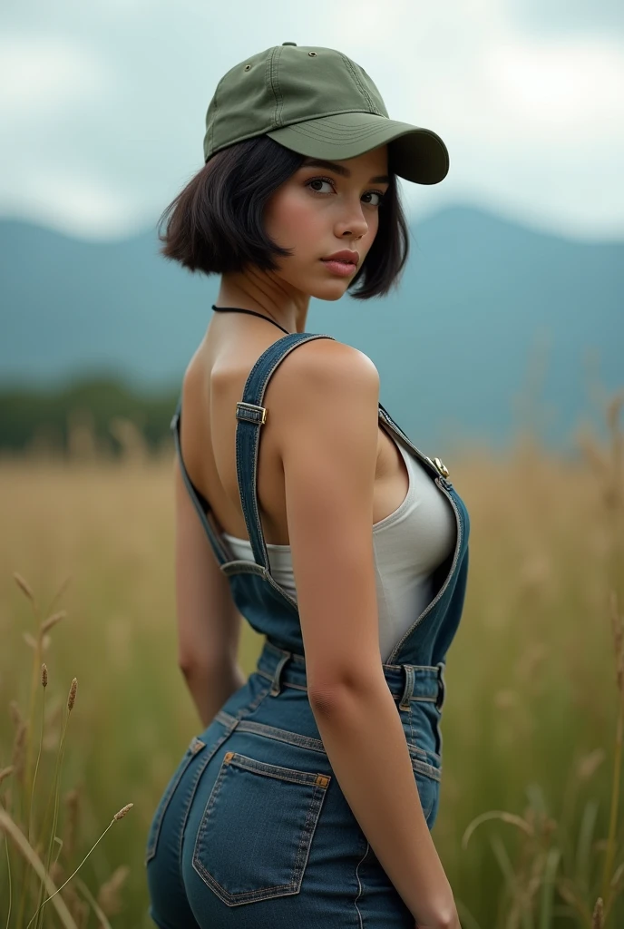 full-body portrait photograph of a young java woman short hair with polo Cap, wearing pinafore with tight-fitting , Bug titts, oversized_breasts.", she is porn models, beautiful_breasts. sensual body, in a unique, photoshot model, ((In front of field of tall grasses in sea of clouds over the mountain)), highres, 4k, HDR, 1girl, photorealistic, realistic, big booobs, turning away facial at viewer, closeup