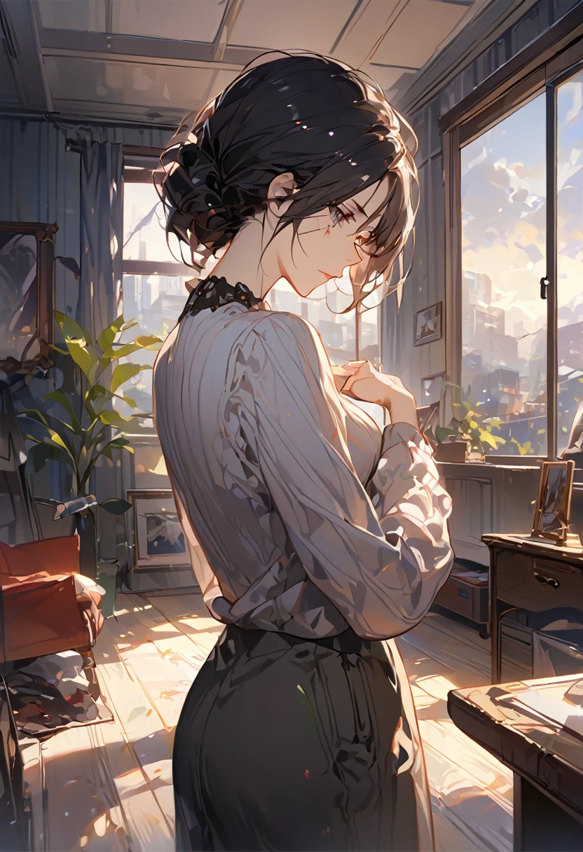 (A person, mature woman, beautiful, thin, slender body, bruises, black hair mid-back, bright gray eyes, wears casual clothes, homely clothes, eye_pending), REST, (the woman is inside a house, house, room, living room, has a sad look while pressing his chest with both hands, about to shed tears, gloomy look, crestfallen),BREAK,Conceptual art, masterpiece, Super detail, Attention to details, high quality, 最high quality , High resolution