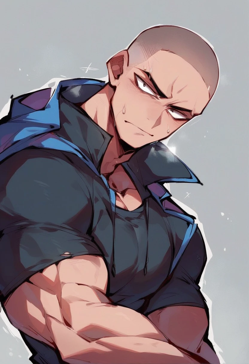 1 boy, white, shaved head, marked face, strong physique, his appearance is similar to the protagonist of Bully by Rockstar Games, especially with black clothes, he emits a negative and dark aura, he looks like the anti-sora