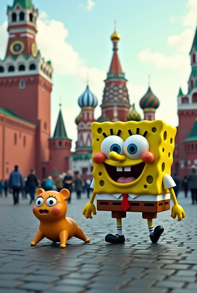 SpongeBob in real life walks with his pet on Red Square