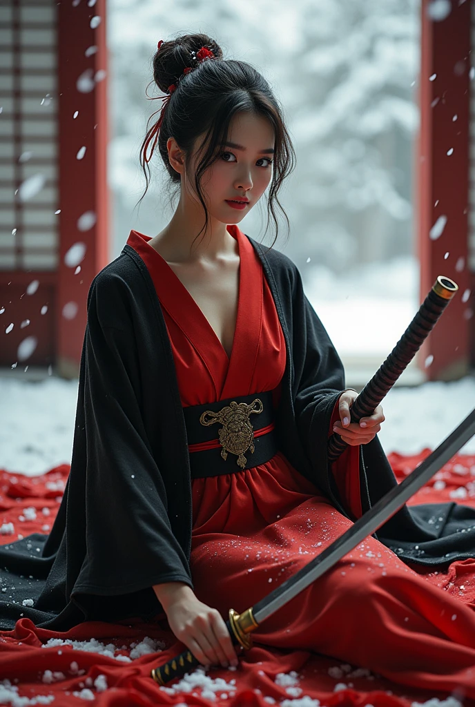 Imagine une jolie jeune femme samouraï en kimono rouge et noir avec des coutures dorées, allongée sur une couverture en fourrure les jambes en l'air, pieds nus. Elle a un katana dans les mains, a lame du katana est sortie de son fourreau avec un magnifique dragon gravé sur toute la longueur de la lame. Le niveau de détail doit être impressionnant. La scène se passe dans un palais nippon. Il neige à l'extérieur. Elle regarde la camera avec un sourire timide.
