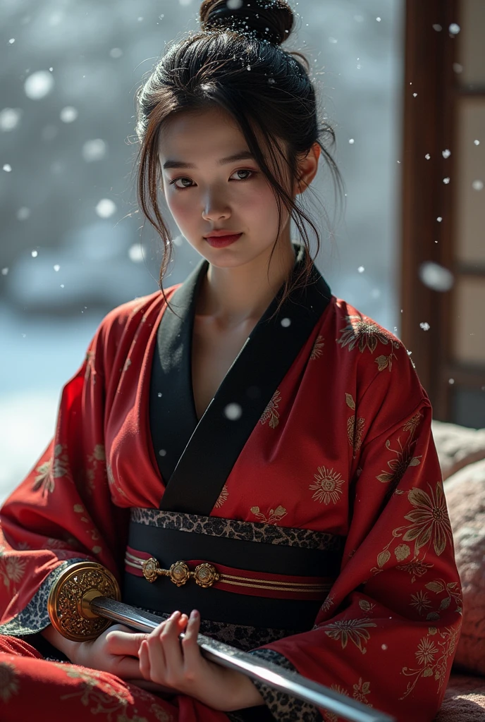 Imagine une jolie jeune femme samouraï en kimono rouge et noir avec des coutures dorées, allongée sur une couverture en fourrure les jambes en l'air, pieds nus. Elle a un katana dans les mains, a lame du katana est sortie de son fourreau avec un magnifique dragon gravé sur toute la longueur de la lame. Le niveau de détail doit être impressionnant. La scène se passe dans un palais nippon. Il neige à l'extérieur. Elle regarde la camera avec un sourire timide.