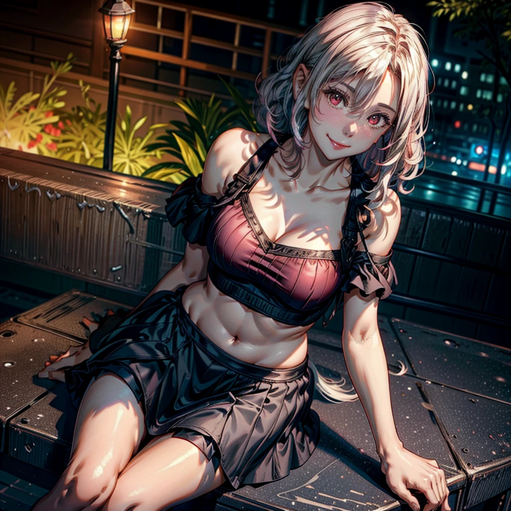 women, short curly white hair, Red eyes, short black skirt, light pink off shoulder blouse, Whole body, chest a little big, flirtatious smile, Broad smile, Curly hair, sitting on a park bench.